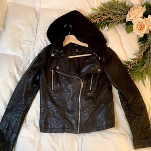 Faux Leather Jacket with Removable Hood - SMALL